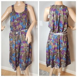 Paul Smith Velvet Trim Brown Sleeveless Dress Size Small Leaf Print Cotton